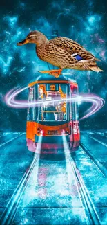 Surreal scene with a tram, a duck, and vivid blue night sky.