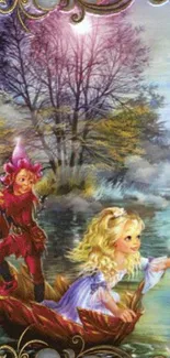 Fantasy boat journey with whimsical characters.