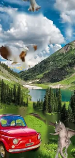 Surreal landscape with car, eagle, dragon, and mountains.