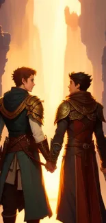 Two adventurers facing a golden dawn in a mystical fantasy scene.