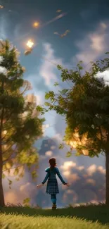 Fantasy landscape with trees and a person under a dramatic sky.