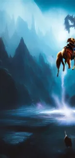 A dog hero flies towards mountains in a dragon-guarded fantasy world.