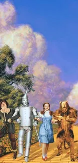 Four iconic characters on a yellow brick road under a vivid blue sky.