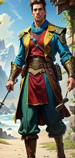 Fantasy adventurer in colorful attire stands before scenic mountain landscape.