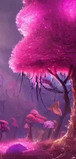 Fantasy alien landscape with pink trees and moonlit sky.