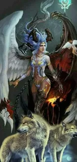 Fantasy angel with wings and wolves in mystical art scene.