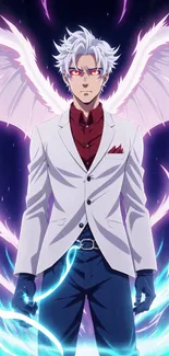 Anime character with angel wings and vibrant colors in a fantasy setting.