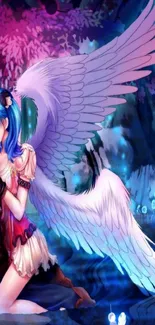 Blue-haired angel in a magical forest with vibrant colors.