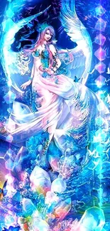 Fantasy angel standing among colorful crystals and butterflies in a blue wonderland.