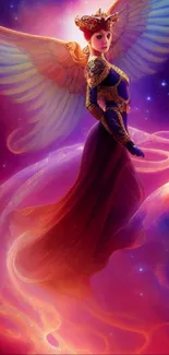 A fantasy angel with wings in a cosmic purple glow wallpaper.