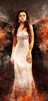 Fiery woman in white dress with wings, set against a dark, fiery background.