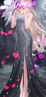 Fantasy angel in starry dress with pink hearts.