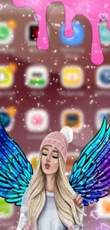 Vibrant fantasy angel wallpaper with pink and blue hues.