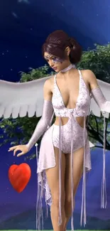 Fantasy angel with wings and red heart at night.