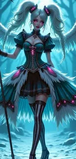 Fantasy art of an angelic warrior with teal and pink highlights.