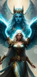 Fantasy angel warrior with wings and celestial aura in blue hues.