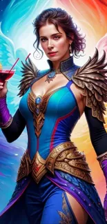 Fantasy angel warrior with colorful wings holding a drink in vibrant armor.