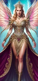 Fantasy angel with radiant wings in golden gown.