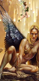 Fantasy angel with majestic wings and golden background.