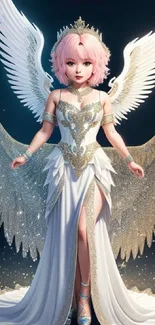 A pink-haired angel with wings in a shimmering white dress.