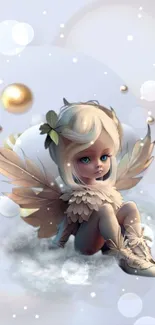 Angelic doll with wings in pastel fantasy setting, soft colors and dreamy clouds.