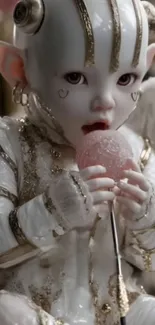 Ornate angelic figurine holding a lollipop.