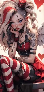 Fantasy character with wings, tattoos, and a punk style in red attire.