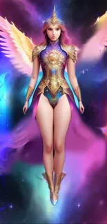 Fantasy angelic warrior with vibrant wings in a colorful cosmic background.