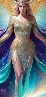 Angelic woman with vibrant wings and shimmering outfit on fantasy wallpaper.