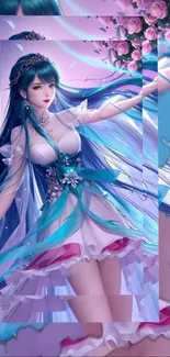 Anime princess with flowing dress in a vibrant fantasy setting.