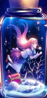 Anime girl floats in glowing bottle amid stars.