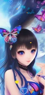 Fantasy anime girl with butterflies in a celestial blue background.