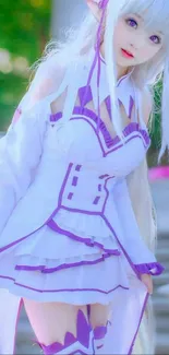 Fantasy anime character with white hair and vibrant outfit.