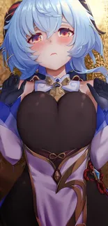 Fantasy anime character with blue hair and gold background