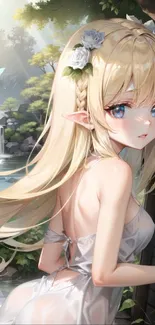 Anime elf with blonde hair near a waterfall, surrounded by nature.