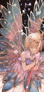 Fantasy anime fairy with colorful wings.