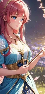 Anime girl with pink hair, holding a golden star in a flower garden.