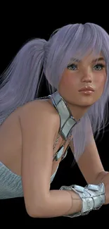 Anime girl with purple hair and silver armor on a black background.