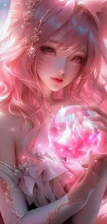 Anime girl with pink hair holding a glowing orb.