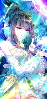 Fantasy anime girl with magical aura in vibrant colors.