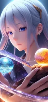 Anime girl with mystic orbs, blue and glowing design.