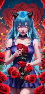 Fantasy anime girl with blue hair and roses.