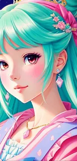 Anime princess with turquoise hair and a vibrant outfit, exuding a fantasy charm.