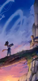 Fantasy anime wallpaper with a sunset and two characters on a cliff bridge.