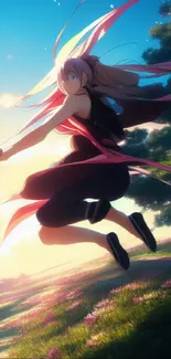 Anime character leaps through vibrant sunset landscape.