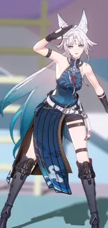 Anime warrior with blue attire and white hair in vibrant design.