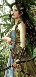 Fantasy archer amidst lush forest greenery, bow drawn, in a detailed digital artwork.