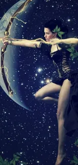 Mystical archer with bow beneath a starry moonlit sky wallpaper.