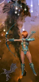 Fantasy archer woman in armor against a bronze celestial background.