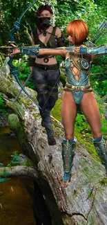 Two fantasy archers posed in a lush forest setting.